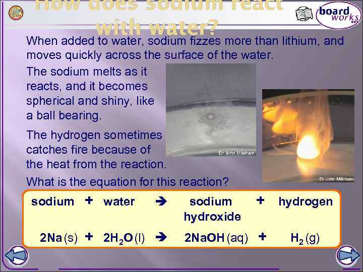 How does sodium react with water? When added to water, sodium fizzes more than