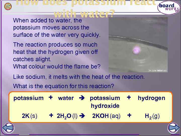 How does potassium react with water? When added to water, the potassium moves across