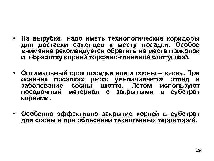  • На вырубке надо иметь технологические коридоры для доставки саженцев к месту посадки.
