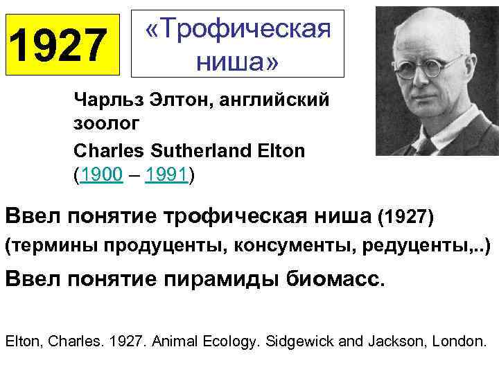 1927 «Трофическая ниша» Чарльз Элтон, английский зоолог Charles Sutherland Elton (1900 – 1991) Ввел