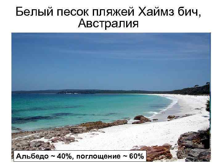 Белый песок пляжей Хаймз бич, Австралия Альбедо ~ 40%, поглощение ~ 60% 