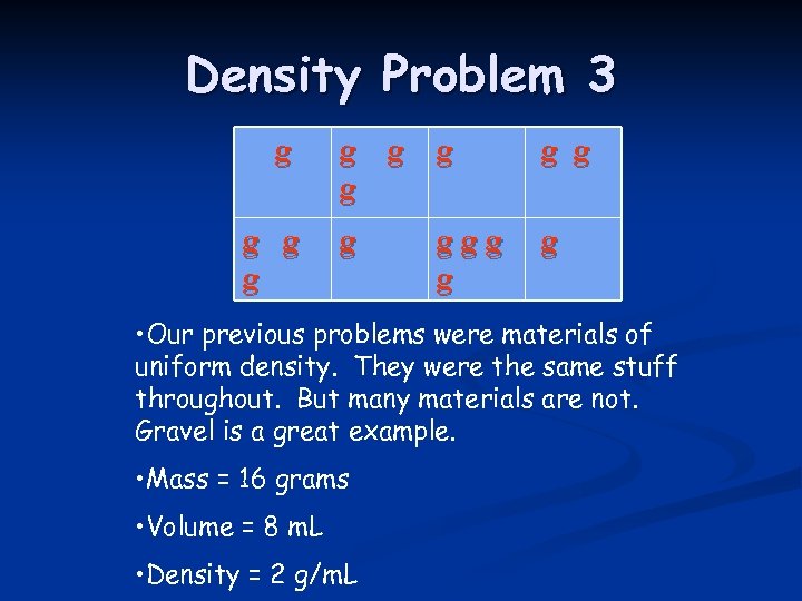Density Problem 3 g g g ggg g • Our previous problems were materials