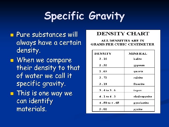 Specific Gravity n n n Pure substances will always have a certain density. When