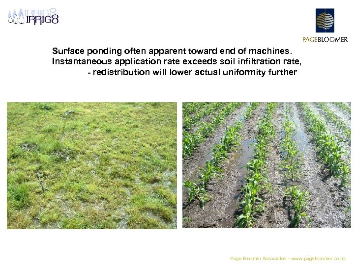 Surface ponding often apparent toward end of machines. Instantaneous application rate exceeds soil infiltration