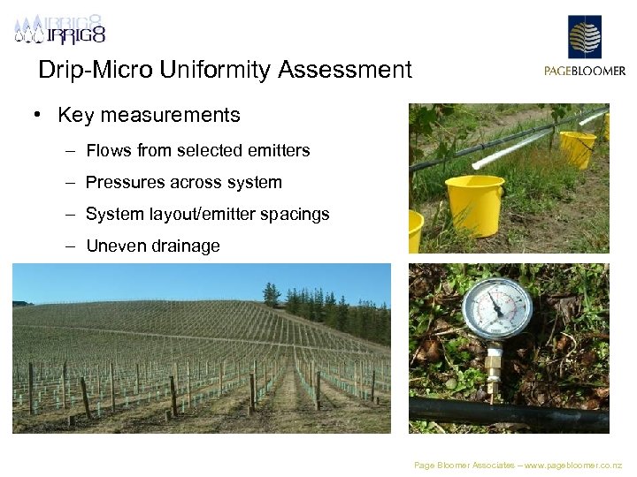 Drip-Micro Uniformity Assessment • Key measurements – Flows from selected emitters – Pressures across
