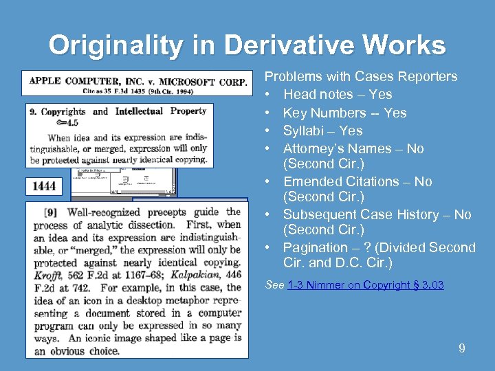 Originality in Derivative Works Problems with Cases Reporters • Head notes – Yes •