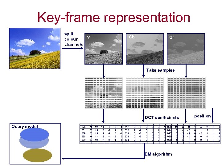 Key-frame representation split Y colour channels Cb Cr Take samples position DCT coefficients Query