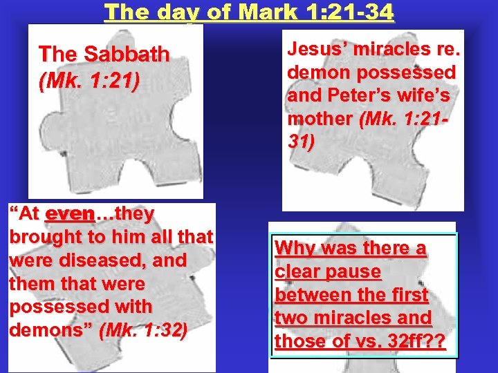 The day of Mark 1: 21 -34 The Sabbath (Mk. 1: 21) “At even…they