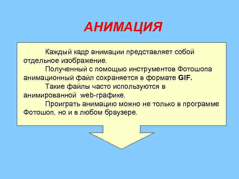 АНИМАЦИЯ Каждый кадр анимации представляет собой отдельное изображение. Полученный с помощью инструментов Фотошопа анимационный