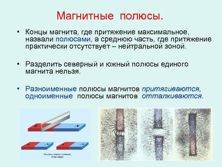 Магнитные полюсы. • Концы магнита, где притяжение максимальное, назвали полюсами, а среднюю часть, где