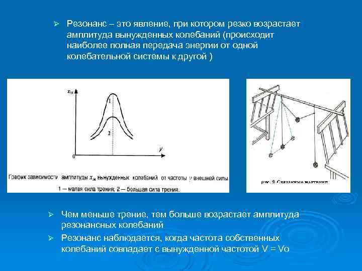 Ø Резонанс – это явление, при котором резко возрастает амплитуда вынужденных колебаний (происходит наиболее