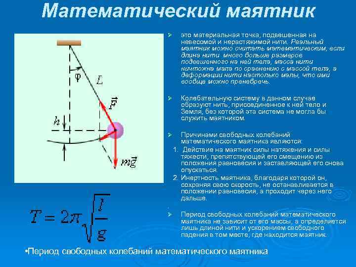 Математический маятник Ø это материальная точка, подвешенная на невесомой и нерастяжимой нити. Реальный маятник