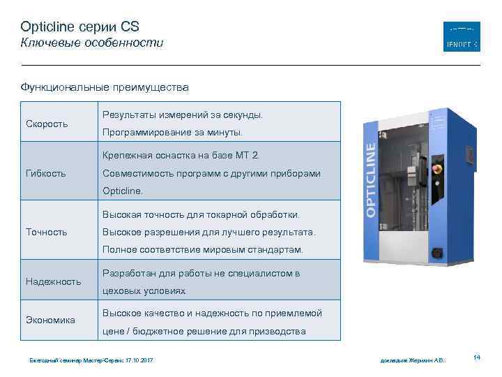 Opticline серии CS Ключевые особенности Функциональные преимущества Скорость Результаты измерений за секунды. Программирование за