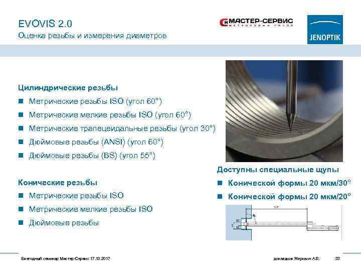 EVOVIS 2. 0 Оценка резьбы и измерения диаметров Цилиндрические резьбы n Метрические резьбы ISO