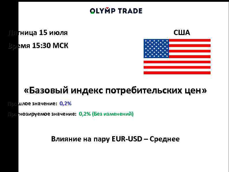 Пятница 15 июля США Время 15: 30 МСК «Базовый индекс потребительских цен» Прошлое значение:
