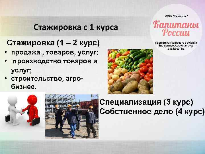 МФПУ “Синергия” Стажировка (1 – 2 курс) • продажа , товаров, услуг; • производство
