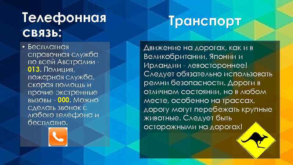 Телефонная связь: • Бесплатная справочная служба по всей Австралии 013. Полиция, пожарная служба, скорая