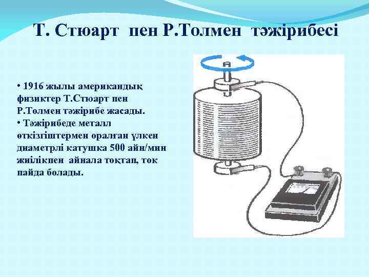 Т. Стюарт пен Р. Толмен тәжірибесі • 1916 жылы американдық физиктер Т. Стюарт пен