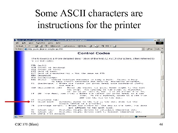 Some ASCII characters are instructions for the printer CSC 370 (Blum) 46 