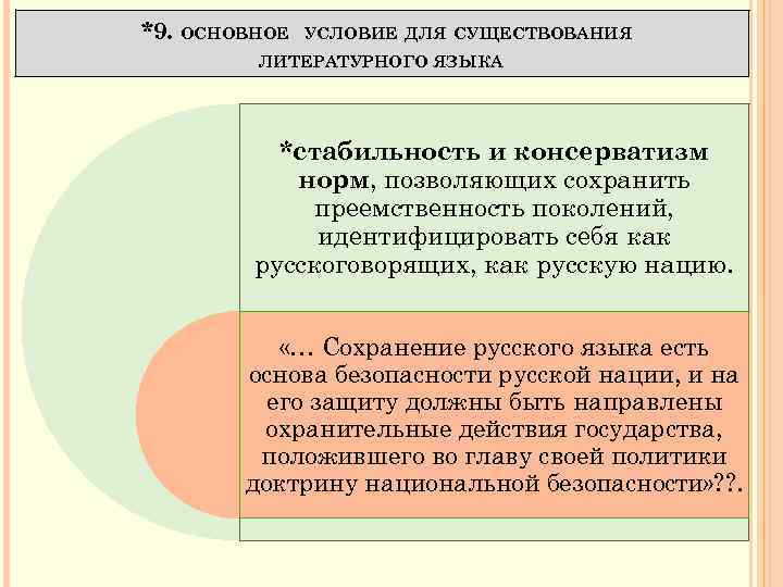 *9. ОСНОВНОЕ УСЛОВИЕ ДЛЯ СУЩЕСТВОВАНИЯ ЛИТЕРАТУРНОГО ЯЗЫКА *стабильность и консерватизм норм, позволяющих сохранить преемственность