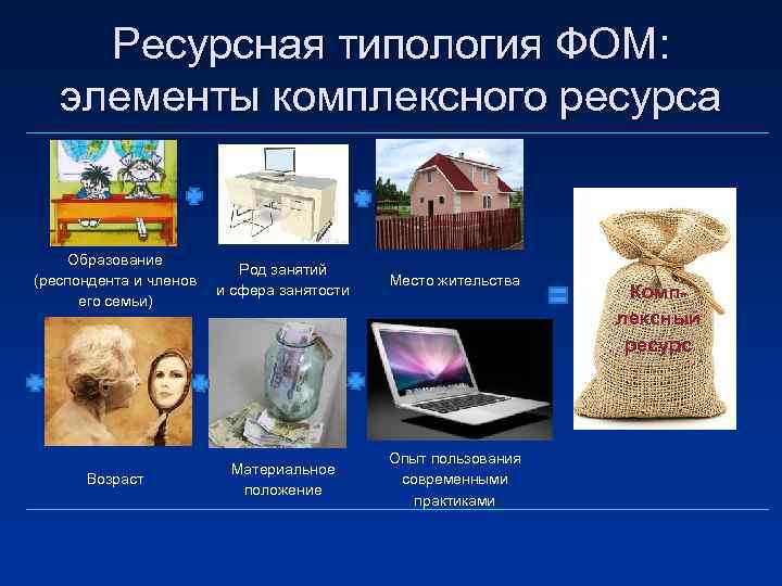 Ресурсная типология ФОМ: элементы комплексного ресурса Образование (респондента и членов его семьи) Род занятий