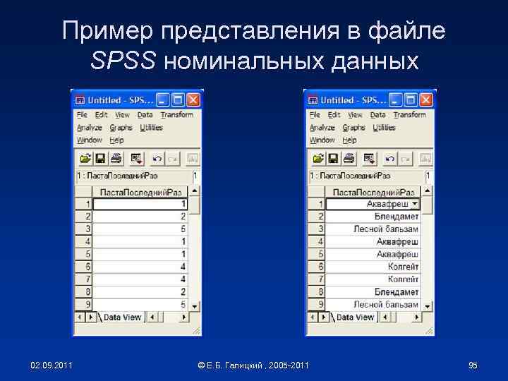 Пример представления в файле SPSS номинальных данных 02. 09. 2011 © Е. Б. Галицкий