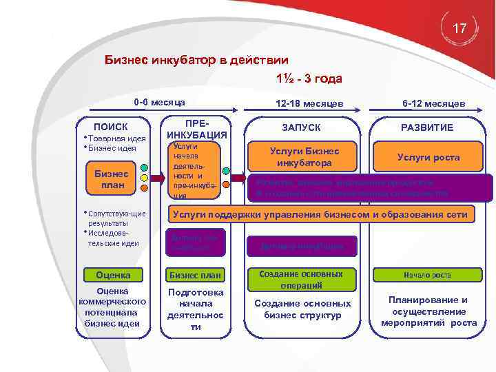 17 Бизнес инкубатор в действии 1½ - 3 года 0 -6 месяца ПОИСК •