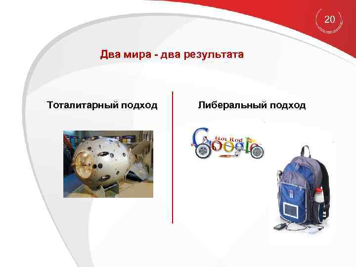 20 Два мира - два результата Тоталитарный подход Либеральный подход 