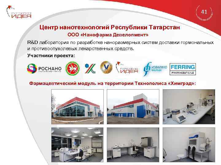 41 Центр нанотехнологий Республики Татарстан ООО «Нанофарма Девелопмент» R&D лаборатория по разработке наноразмерных систем