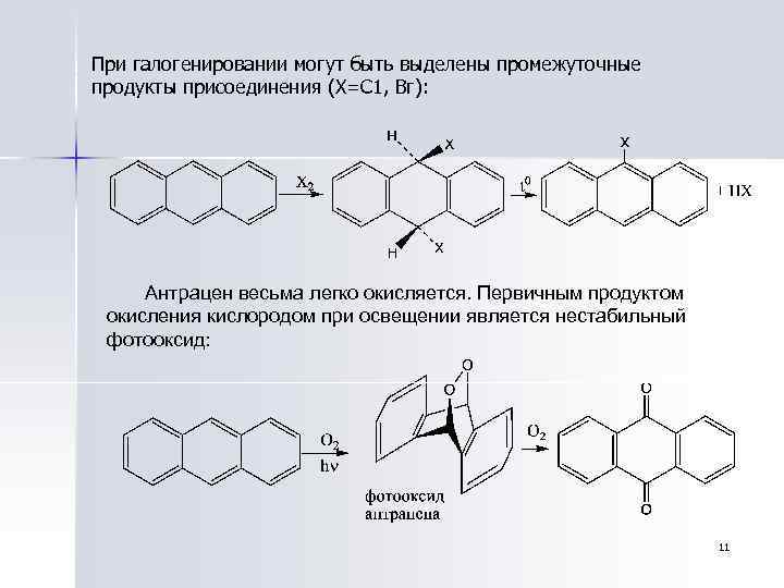 При галогенировании могут быть выделены промежуточные продукты присоединения (Х=С 1, Вг): Антрацен весьма легко