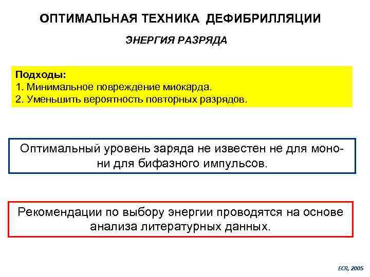 ОПТИМАЛЬНАЯ ТЕХНИКА ДЕФИБРИЛЛЯЦИИ ЭНЕРГИЯ РАЗРЯДА Подходы: 1. Минимальное повреждение миокарда. 2. Уменьшить вероятность повторных