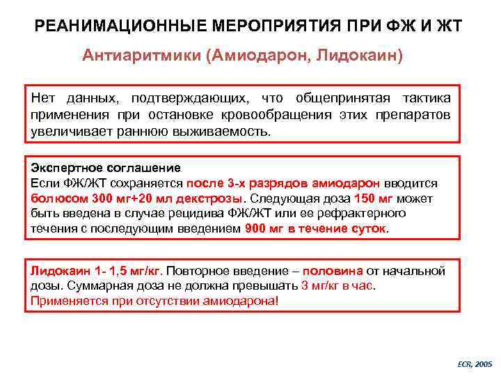 РЕАНИМАЦИОННЫЕ МЕРОПРИЯТИЯ ПРИ ФЖ И ЖТ Антиаритмики (Амиодарон, Лидокаин) Нет данных, подтверждающих, что общепринятая