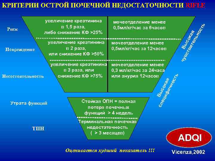 КРИТЕРИИ ОСТРОЙ ПОЧЕЧНОЙ НЕДОСТАТОЧНОСТИ RIFLE Несостоятельность Утрата функций ТПН ть вс Выс тв ит