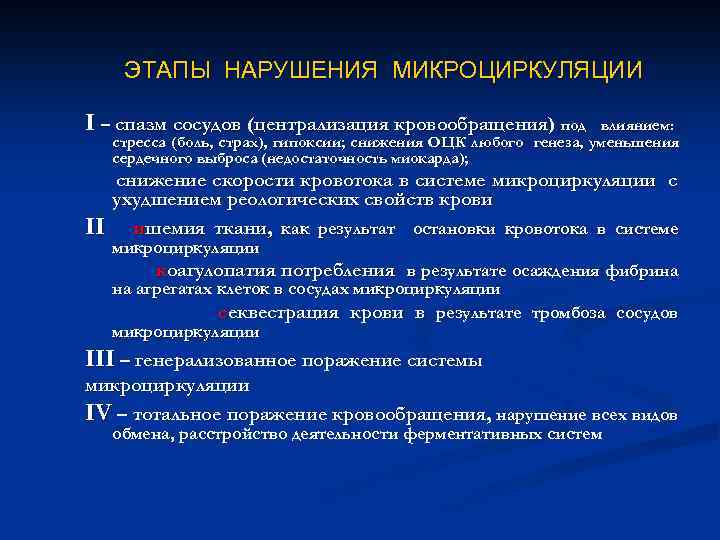 ЭТАПЫ НАРУШЕНИЯ МИКРОЦИРКУЛЯЦИИ I – спазм сосудов (централизация кровообращения) под влиянием: стресса (боль, страх),