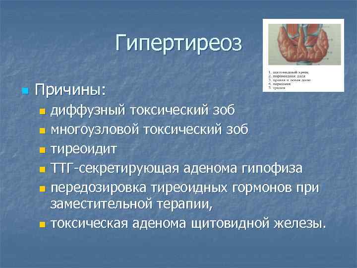 Гипертиреоз n Причины: диффузный токсический зоб n многоузловой токсический зоб n тиреоидит n ТТГ-секретирующая