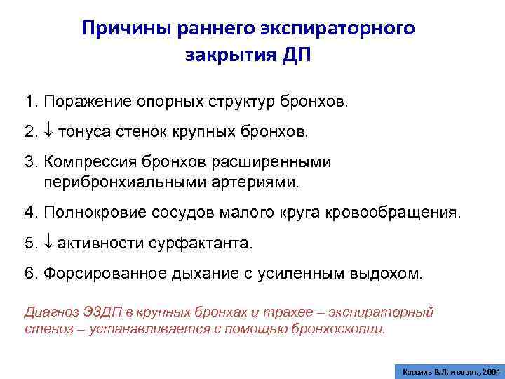 Причины раннего экспираторного закрытия ДП 1. Поражение опорных структур бронхов. 2. тонуса стенок крупных
