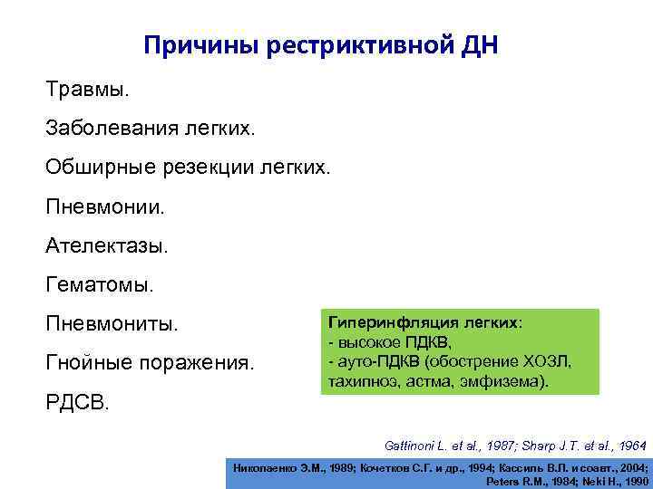 Причины рестриктивной ДН Травмы. Заболевания легких. Обширные резекции легких. Пневмонии. Ателектазы. Гематомы. Пневмониты. Гнойные