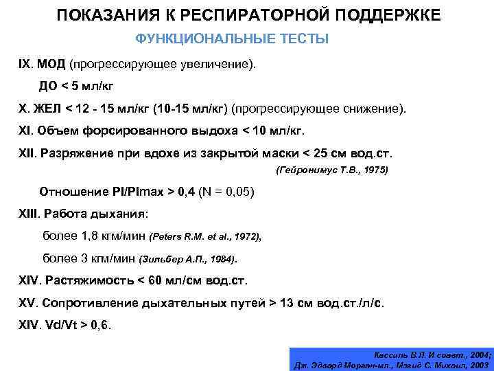 ПОКАЗАНИЯ К РЕСПИРАТОРНОЙ ПОДДЕРЖКЕ ФУНКЦИОНАЛЬНЫЕ ТЕСТЫ IX. МОД (прогрессирующее увеличение). ДО < 5 мл/кг