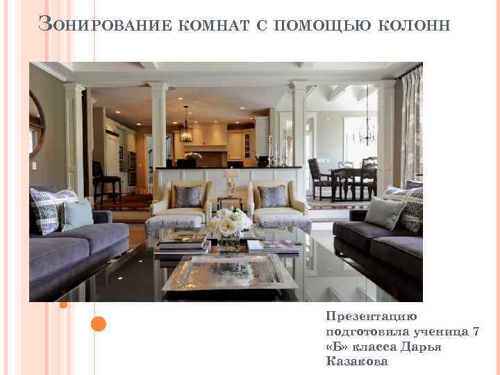 ЗОНИРОВАНИЕ КОМНАТ С ПОМОЩЬЮ КОЛОНН Презентацию подготовила ученица 7 «Б» класса Дарья Казакова 