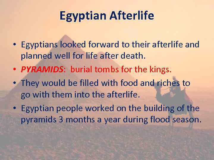 Egyptian Afterlife • Egyptians looked forward to their afterlife and planned well for life