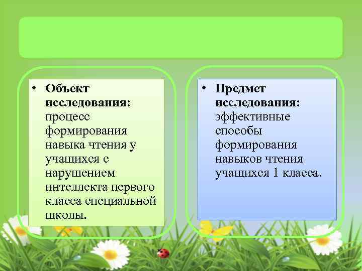  • Объект исследования: процесс формирования навыка чтения у учащихся с нарушением интеллекта первого