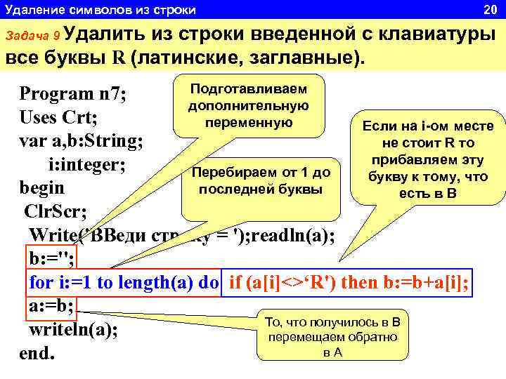 Удаление символов из строки 20 Задача 9 Удалить из строки введенной с клавиатуры все