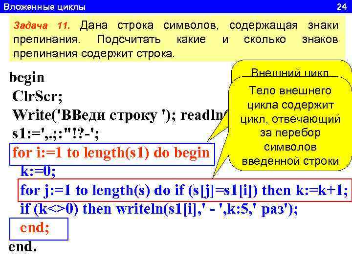 Вложенные циклы 24 Дана строка символов, содержащая знаки препинания. Подсчитать какие и сколько знаков