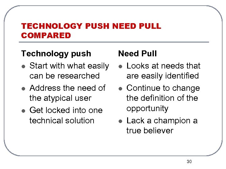 TECHNOLOGY PUSH NEED PULL COMPARED Technology push Need Pull l Start with what easily