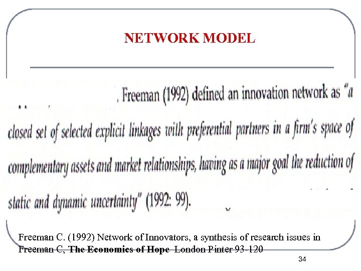 NETWORK MODEL Freeman C. (1992) Network of Innovators, a synthesis of research issues in