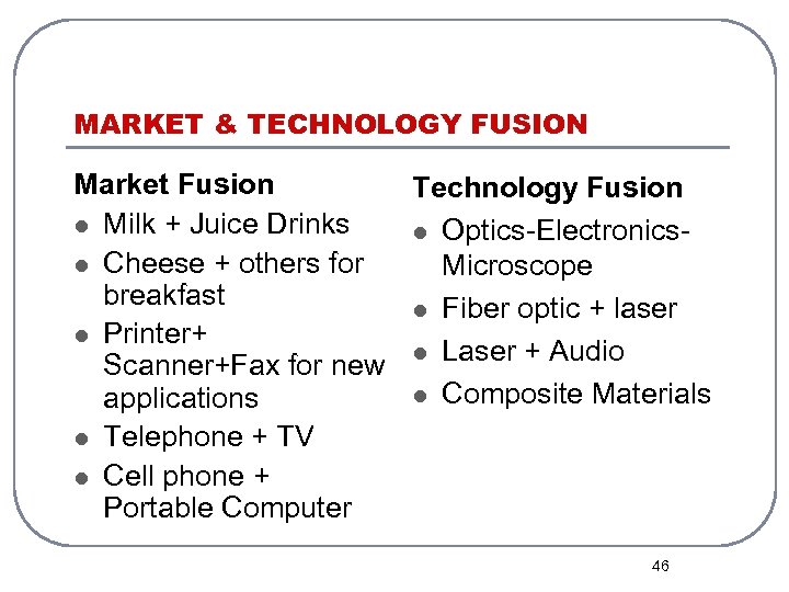 MARKET & TECHNOLOGY FUSION Market Fusion Technology Fusion l Milk + Juice Drinks l