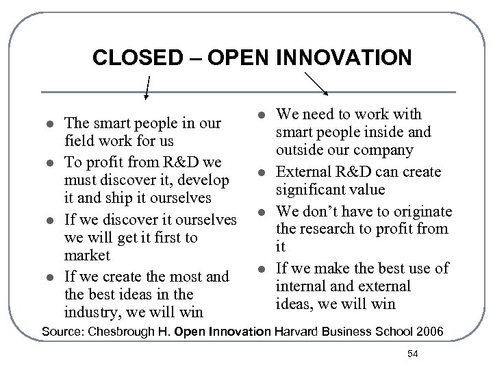 CLOSED – OPEN INNOVATION l l The smart people in our field work for