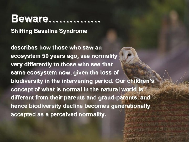 Beware…………… Shifting Baseline Syndrome describes how those who saw an ecosystem 50 years ago,