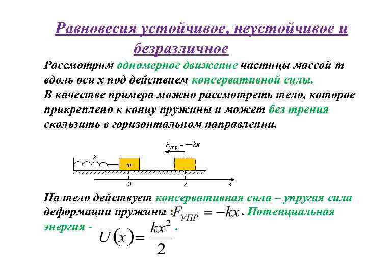 Равновесия устойчивое, неустойчивое и безразличное Рассмотрим одномерное движение частицы массой m вдоль оси x