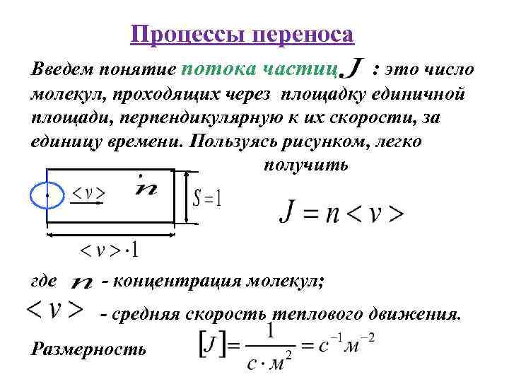 Процессы переноса Введем понятие потока частиц : это число молекул, проходящих через площадку единичной